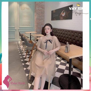 Đầm bầu váy thiết kế chấm bi nơ cổ siêu xinh BN07 Hàng thiết kế 2 lớp