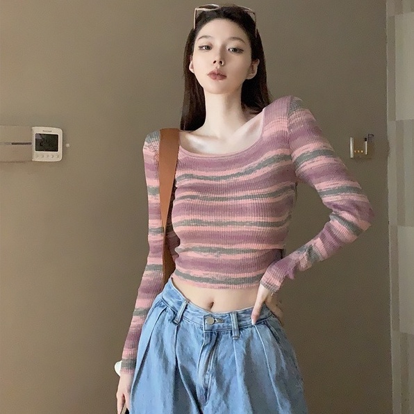 Áo Dệt Kim Tay Dài Trễ Vai Eo Cao Thời Trang Quyến Rũ Cho Nữ