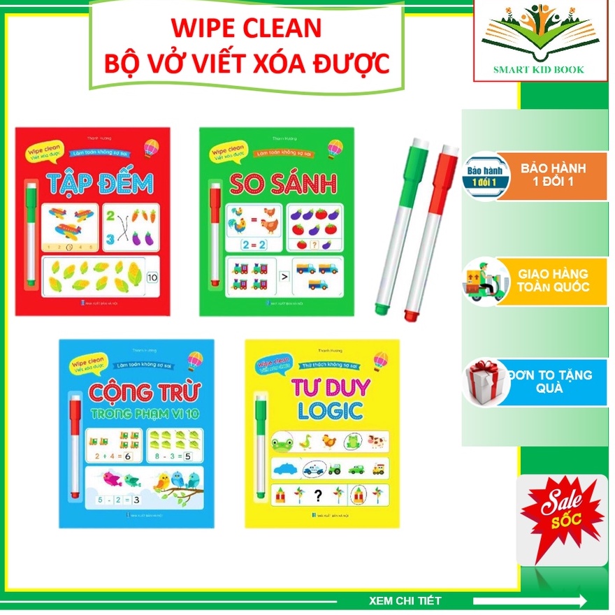 Bộ Vở Viết Xóa Được - Wipe Clean: Làm Toán Không Sợ Sai ( Bộ 4 Cuốn) - Tặng Kèm 2 Bút