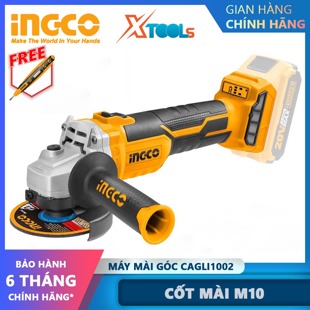 Máy mài góc INGCO KHÔNG CHỔI THAN, điện thế 20V, đường kính đĩa cắt 100mm, cốt M10, không kèm pin và sạc [CHÍNH HÃNG]