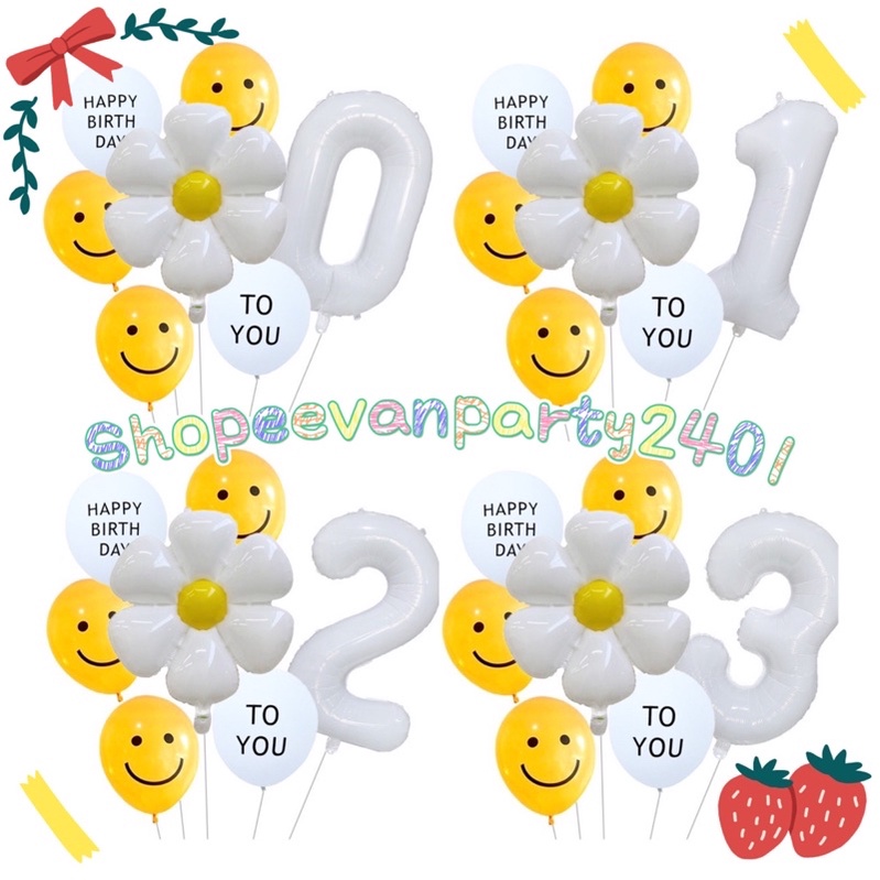 Combo 7 bóng (bóng hoa cúc, bóng mặt cười, bóng số 70cm) trang trí sinh nhật, party, dã ngoại, khai trương, thôi nôi…