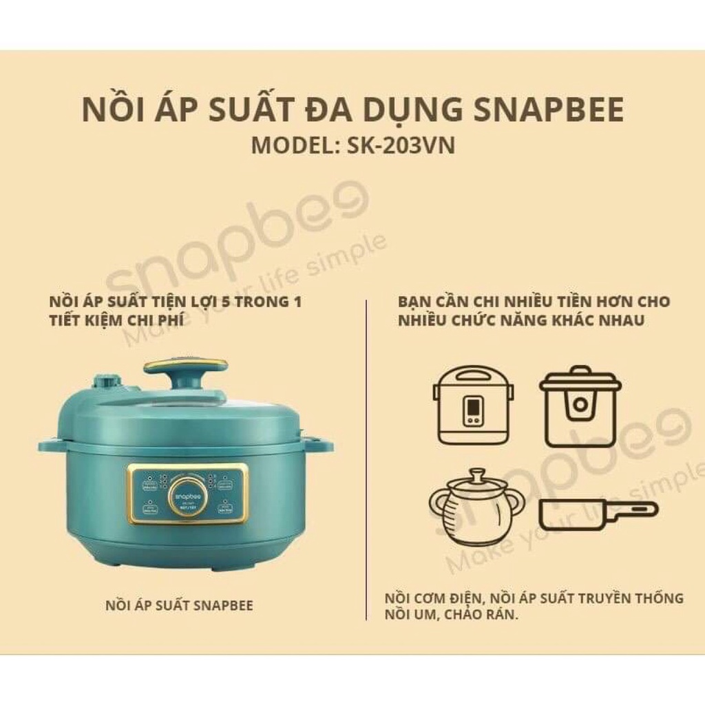 Nồi Áp Suất Đa Năng SNAPBEE SK-203VN 1300W (3 Lít)  BH 12 Tháng Chính Hãng  Nồi Hầm Xương, Nấu Cháo Gà Thơm Ngo