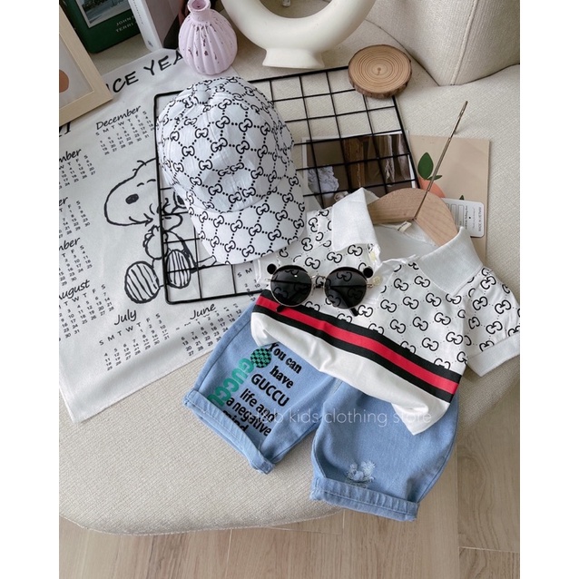 Set bộ gồm 3 món áo polo quần jean và nón cực xinh cho bé trai