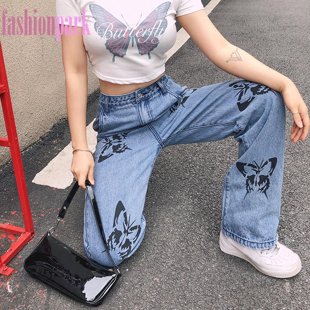 (Fas) Quần Jeans Nữ Ống Rộng Lưng Cao In Hình Bươm Bướm