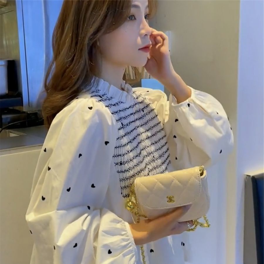 Áo sơ mi tay phồng in họa tiết trái tim phong cách retro mùa thu 2021 cho nữ