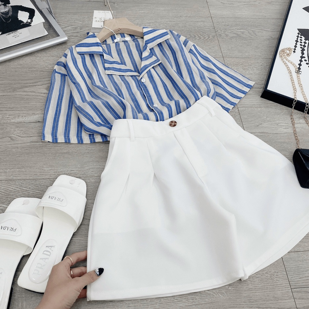 (Free Ship) Sét Áo Sơ Mi Cổ Vest Sọc Xanh Quần Sooc Siêu HOT UP Valetina Shop