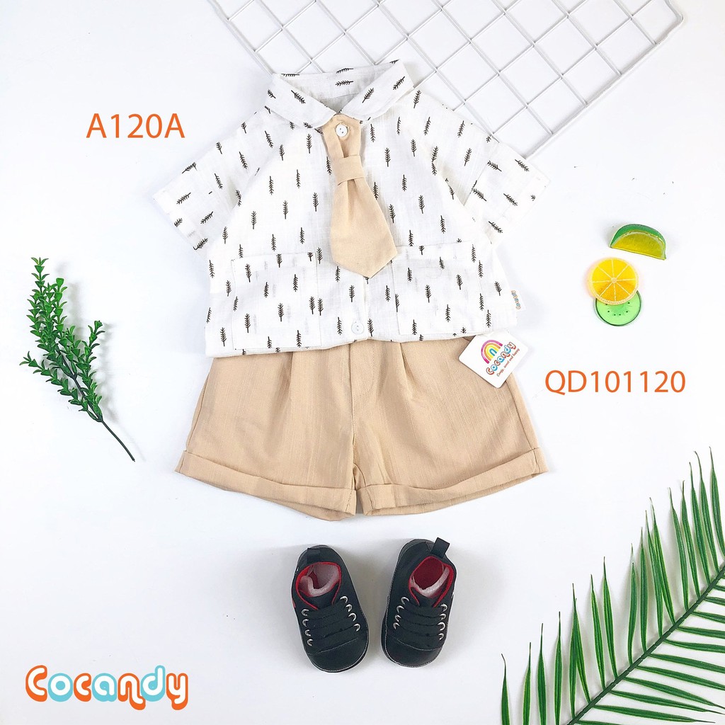 Set đồ cho bé -Áo ngắn tay sơ mi họa tiết lá thông và quần đũi xước be cho bé của COCANDY mã AS111100, QD101120