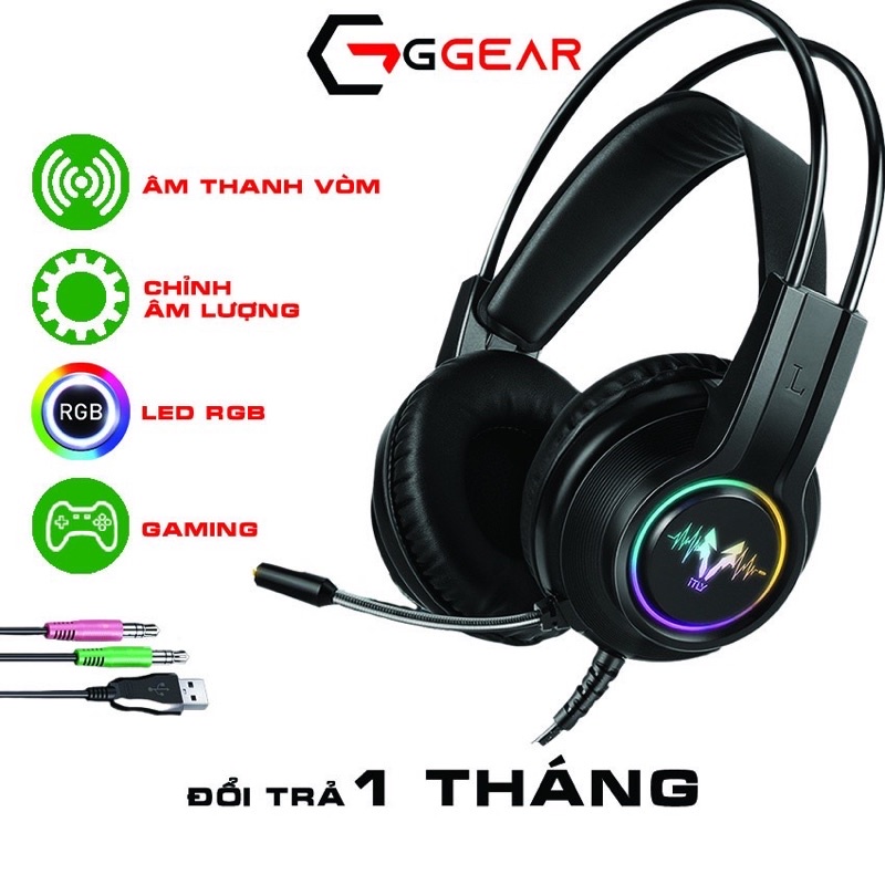 Tai nghe chụp tai máy tính gaming GGear H200B có dây mic đàm thoại led RGB âm thanh 3D chống ồn êm ái cho game thủ