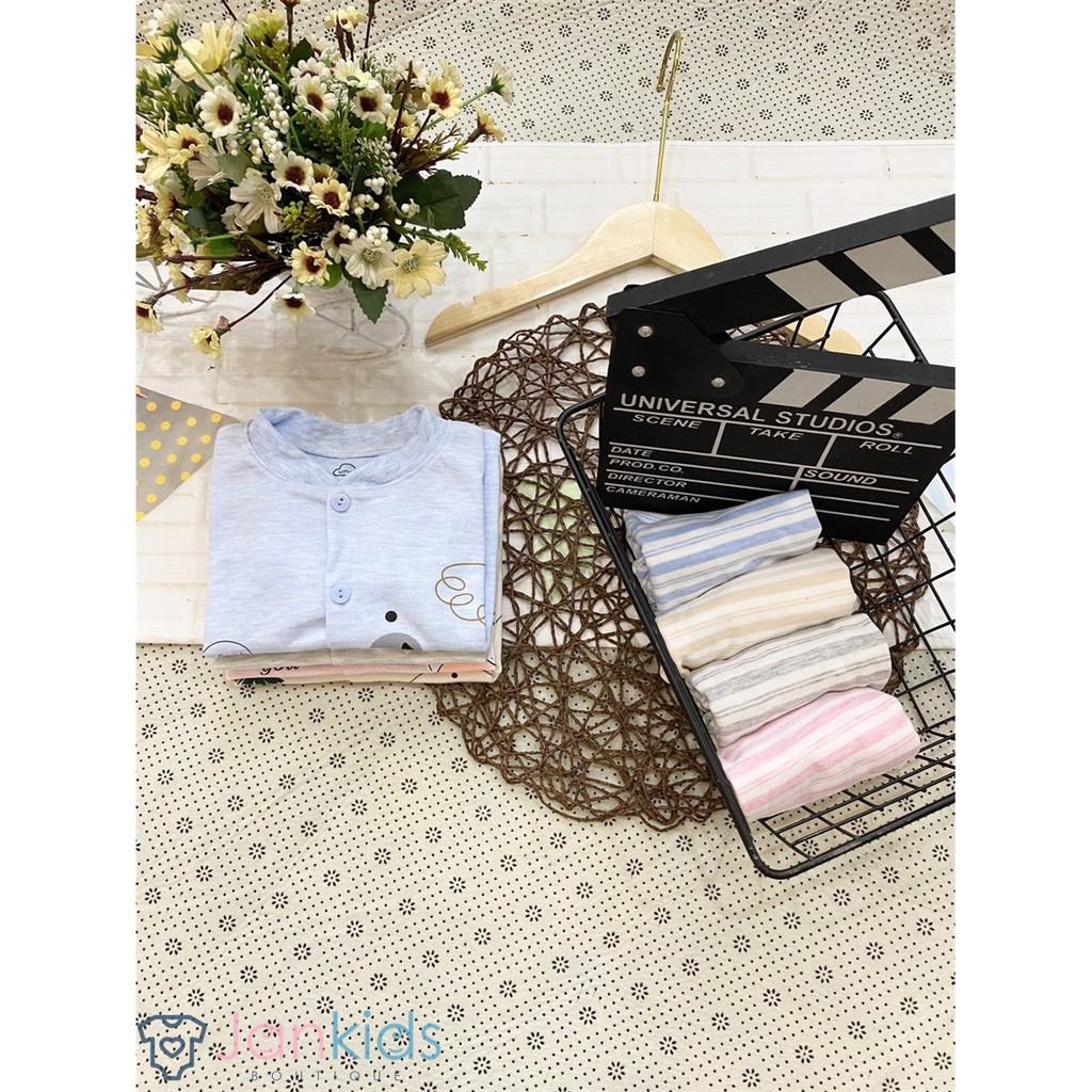 Bộ quần áo dài tay thu đông Unchi hình gấu nỉ cotton sợi tre mềm mịn, giữ ấm cho bé