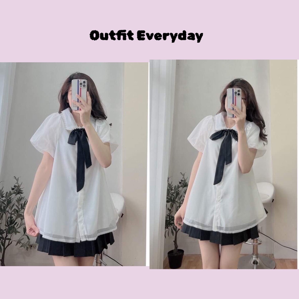 Áo babydoll voan cổ bèo kèm nơ dáng xòe - Áo sơ mi tiểu thư phong cách Hàn Quốc