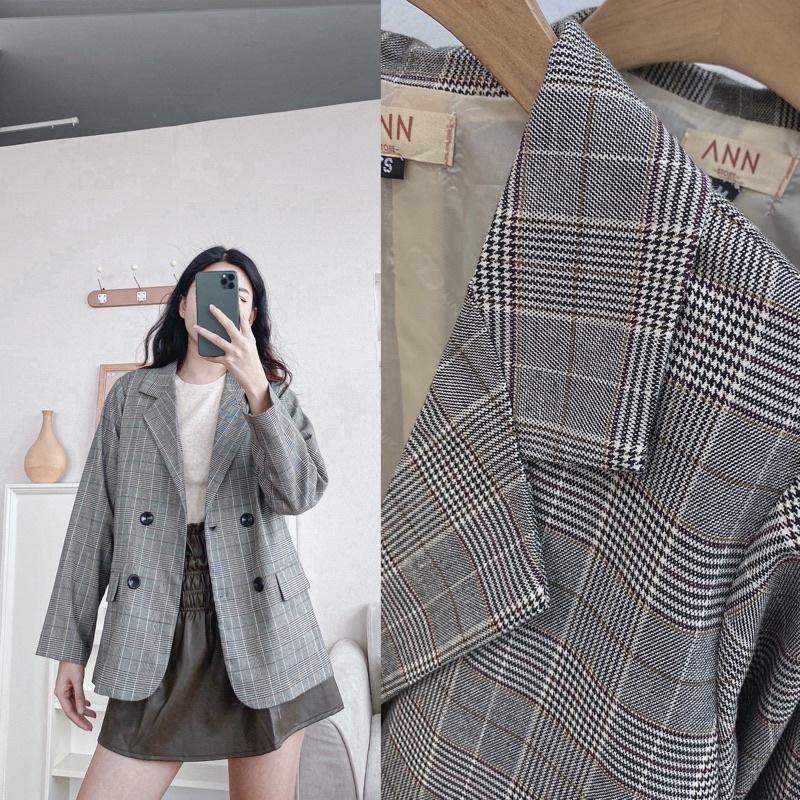 blazer 4 khuy kẻ 2 lớp