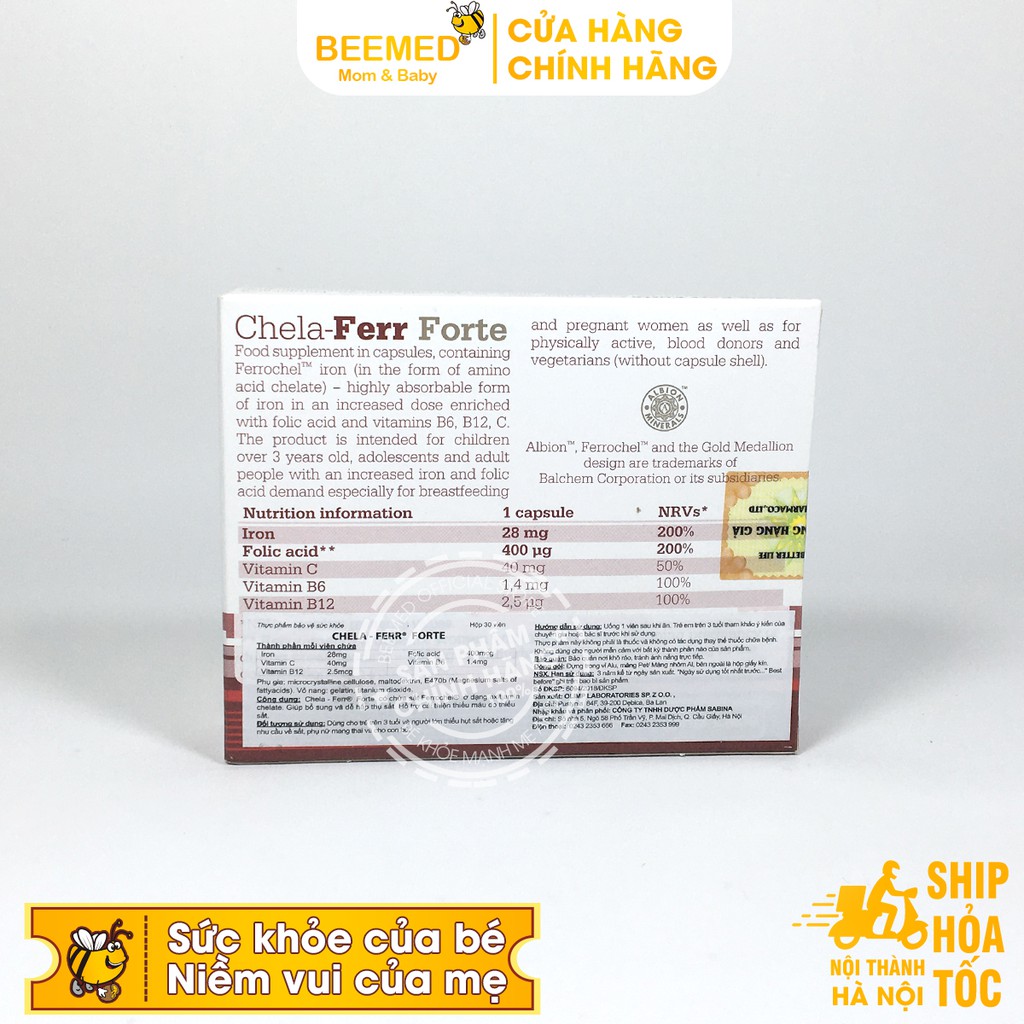 Chela Ferr Forte - Viên bổ sung sắt cho bà bầu - Bổ máu từ sắt hữu cơ, Acid Folic - Viên sắt Chelaferr Forte nhập khẩu