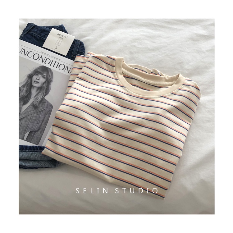 Áo thun NZN ngắn tay cổ tròn kẻ sọc phong cách mùa hè mới cho nữ