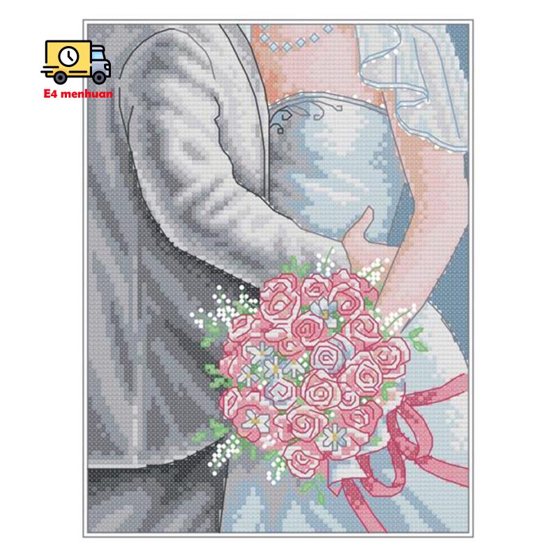 Bộ tranh thêu chữ thập 14CT tự làm hình đám cưới trang trí nhà cửa