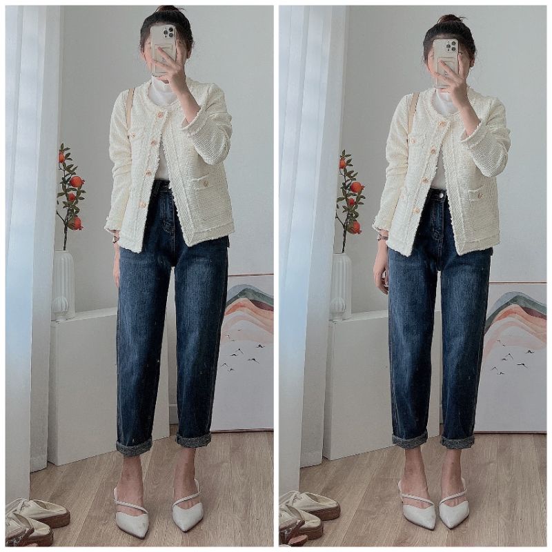 Áo khoác dạ tuyết màu trắng kem cúc đồng 2 lớp