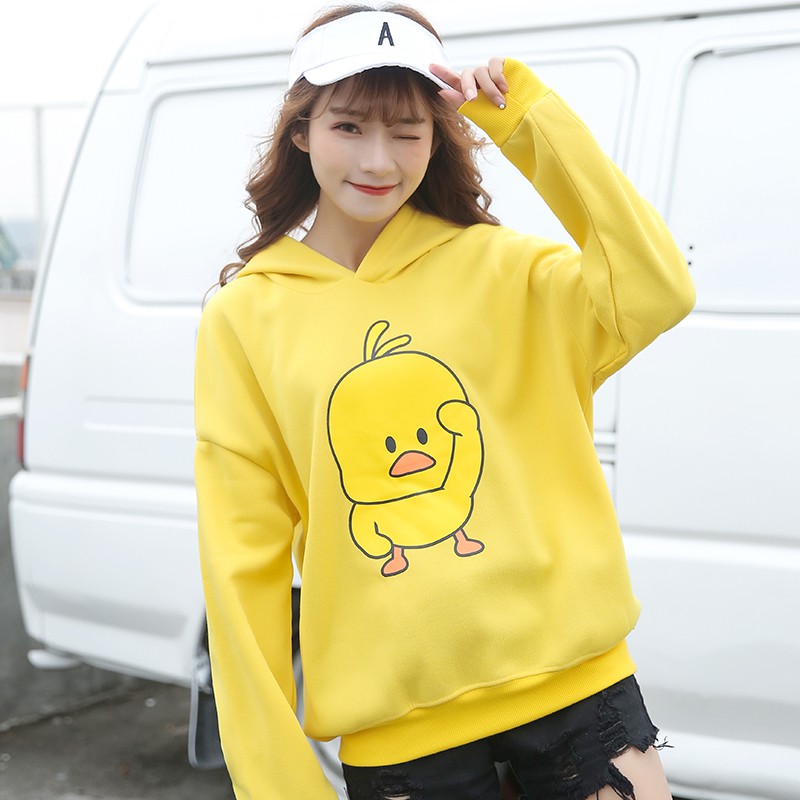 Áo Khoác Sweater Phối Nhung Dày In Hình Chú Vịt Vàng Dễ Thương Cho Nữ Sinh