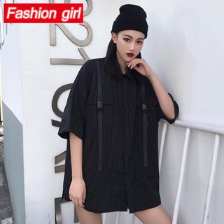 Áo Sơ Mi Tay Lỡ Họa Tiết Sọc Phong Cách Hong Kong Thời Trang Cho Nữ