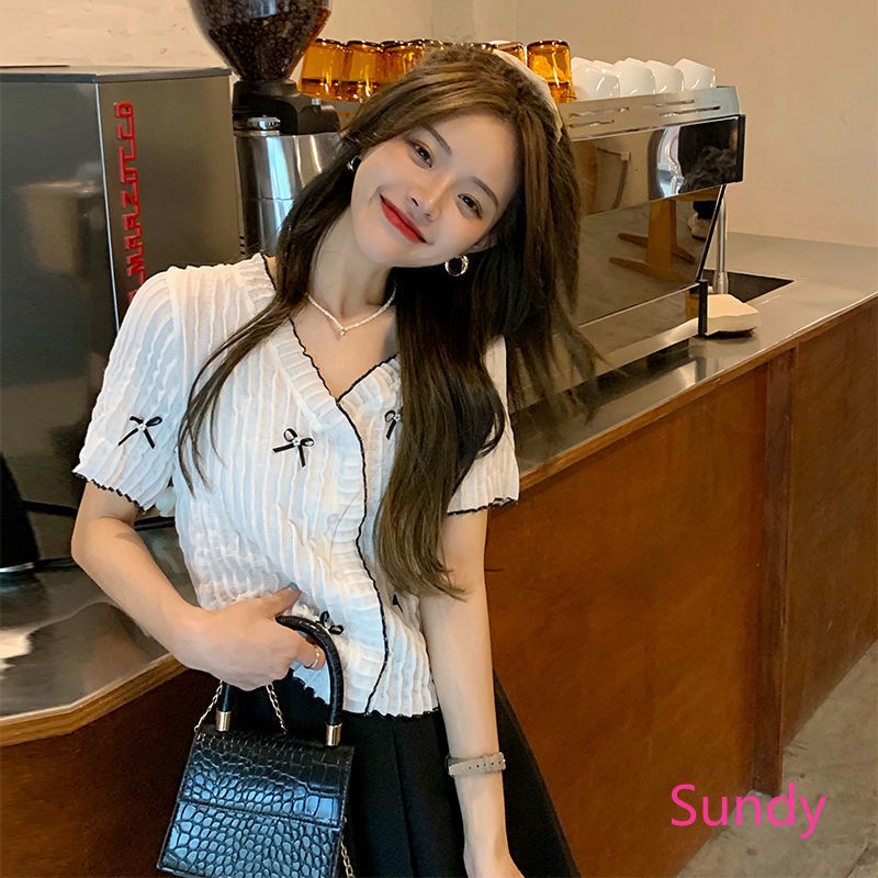 Áo Sơ Mi Ngắn Tay Cổ V Thắt Nơ Phong Cách Phương Tây Thời Trang Mùa Hè Dành Cho Nữ