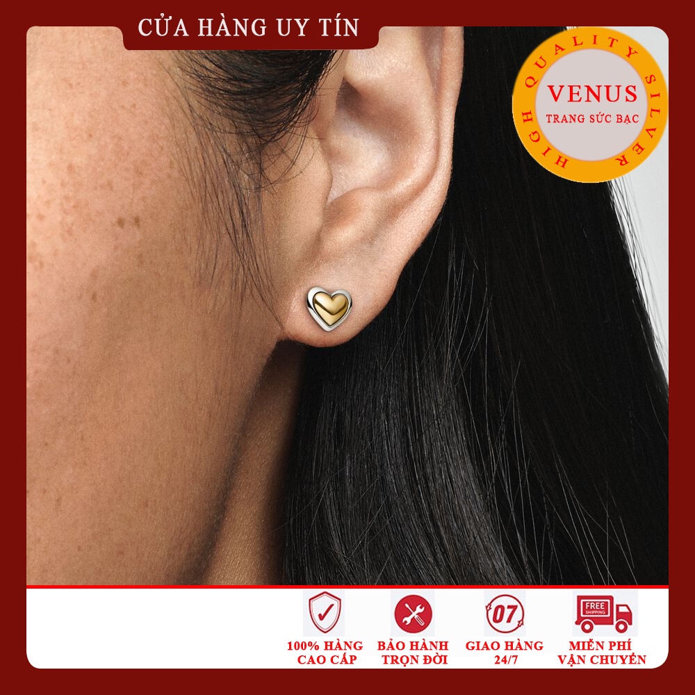 [ Hàng cao cấp] Bông tai tim vàng- Trang sức bạc Venus