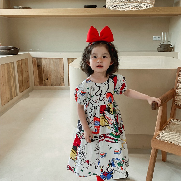 Đầm   tay ngắn hở lưng họa tiết graffiti thời trang mùa hè cho bé gái 1-6 tuổi