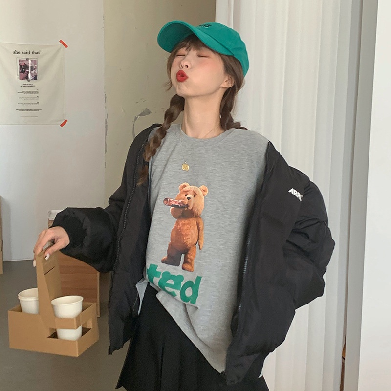 Áo thun IELGY tay ngắn dáng rộng in hình chú gấu hoạt hình kiểu Hàn Quốc cho nữ