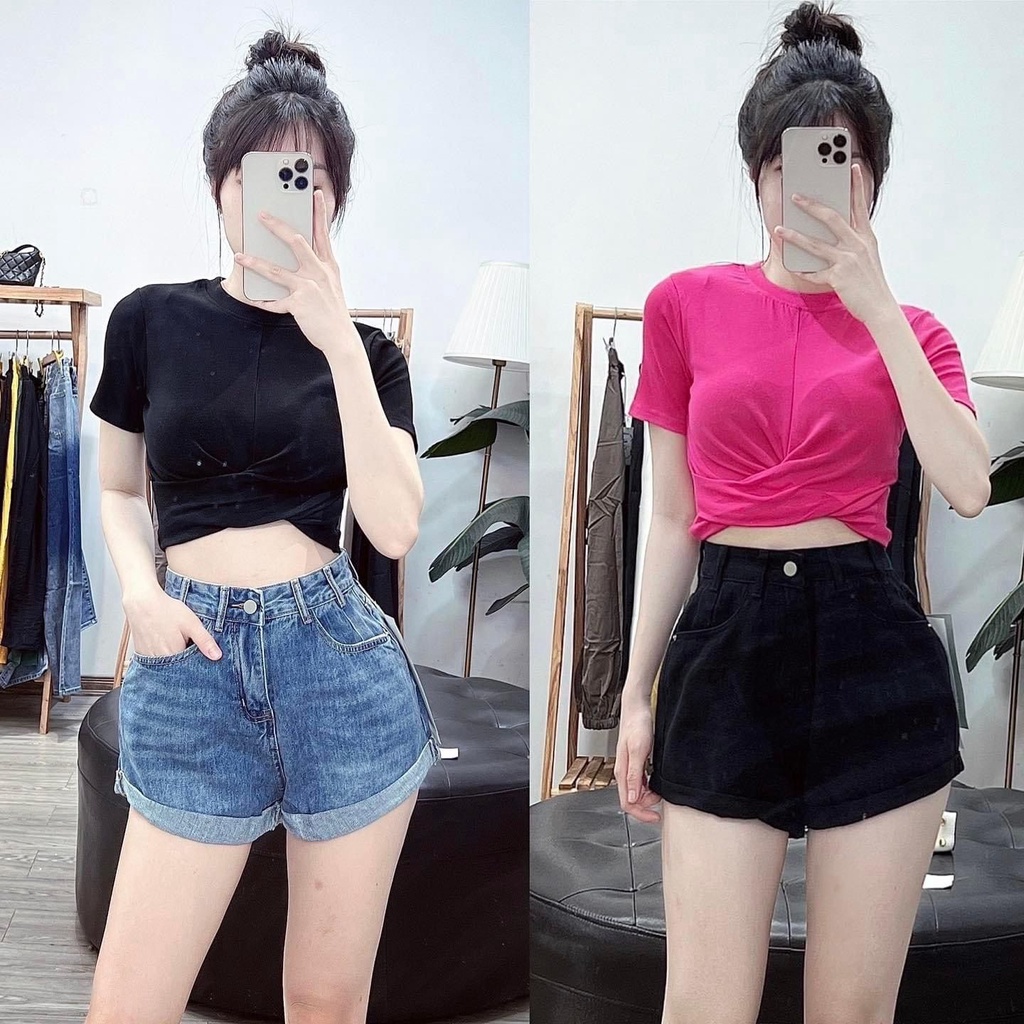 Quần đùi jeans gập gấu cạp cao
