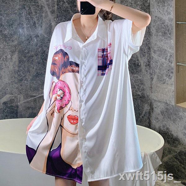 pyjama nữ lụa băng gợi cảm vẻ đẹp trắng lạnh trong gió buông lỏng bạn trai áo sơ mi dài trung ngủ aW