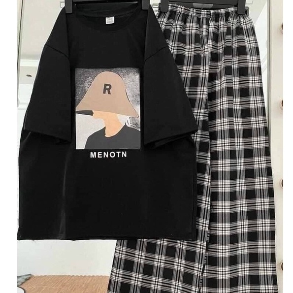 Set áo thun R và quần culottes nữ - set áo thun nữ họa tiết cô gái mũ R và quần culottes kẻ caro SIÊU HOT