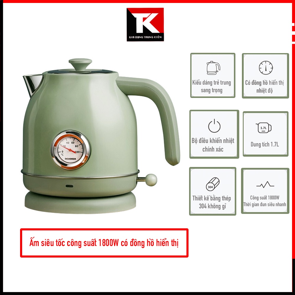 Ấm bình đun nước điện siêu tốc Retro oCooker chất liệu thép không gỉ có đồng hồ hiển thị công suất 1800W - BH 6 tháng