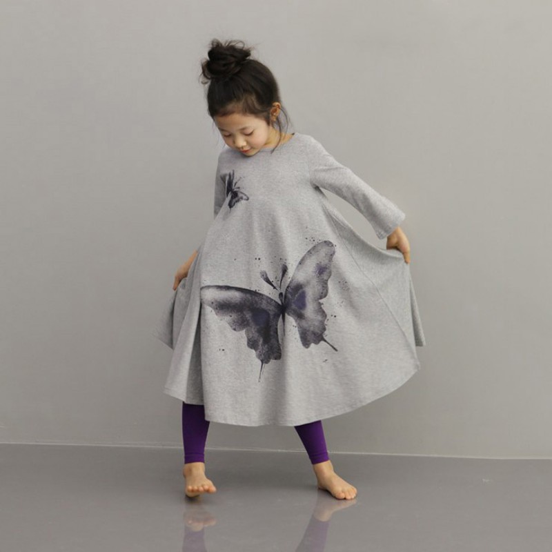 Đầm cotton thời trang tay dài in hình bướm cho trẻ em