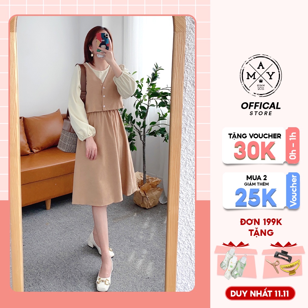 Set Váy Nữ Dài Tay Mùa Thu Đông MAY.SINCE2011 Thiết Kế Dáng Ôm Trên Vạt Váy Xòe Chất Liệu Vải Thoáng Mát MAN01-0086