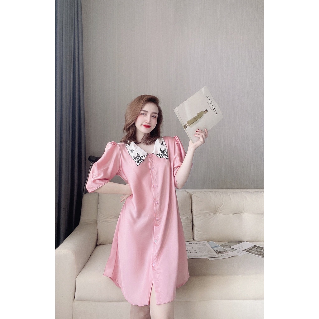 Đồ mặc nhà đầm ngủ tiểu thư tay ngắn Hoàng Tình Store, lụa satin mềm mịn mát Freesize