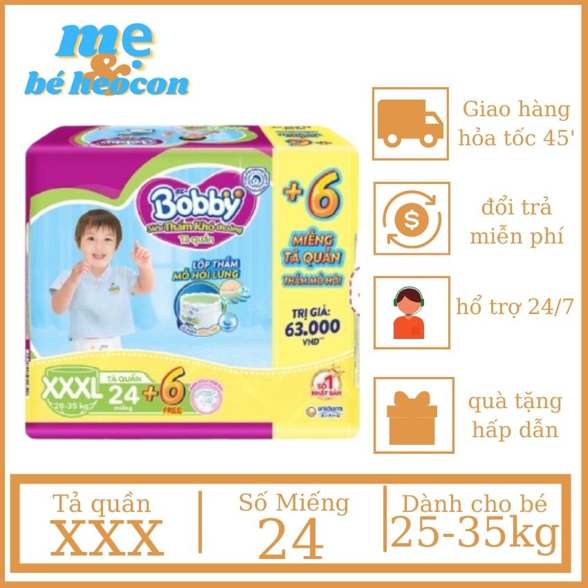 [Tặng Thêm 6 Miếng] Tả Quần Bobby Dành Cho Bé XXXL24 Miếng + Hàng Chính Hãng + Mevabeheocon123