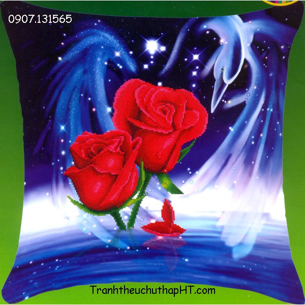 Vỏ gối thêu chữ thập – Hoa hồng B056 (tự thêu)