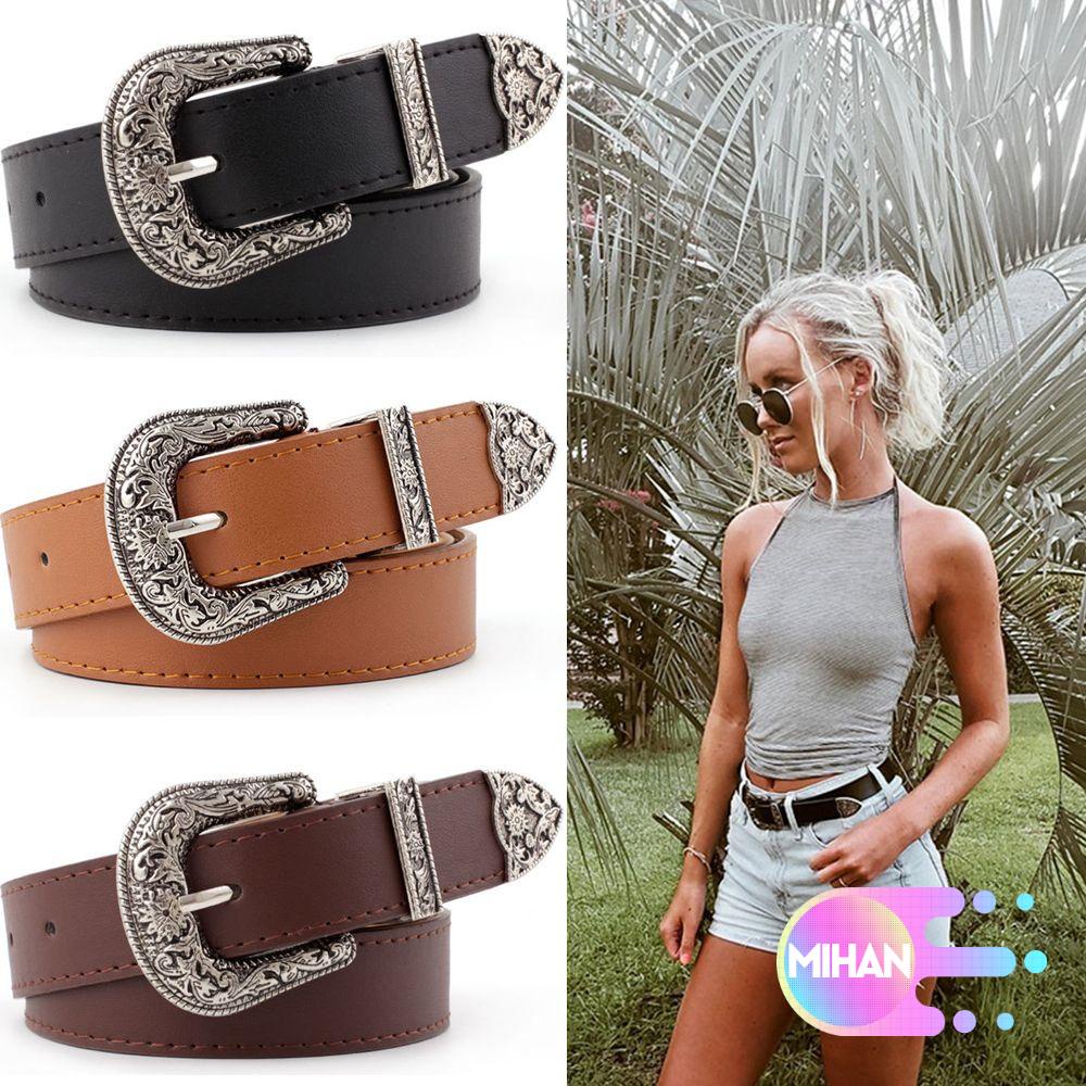 Thắt Lưng Da Pu Khóa Kim Loại Khắc Họa Tiết Cổ Điển Thời Trang Cho Nữ Mihan1