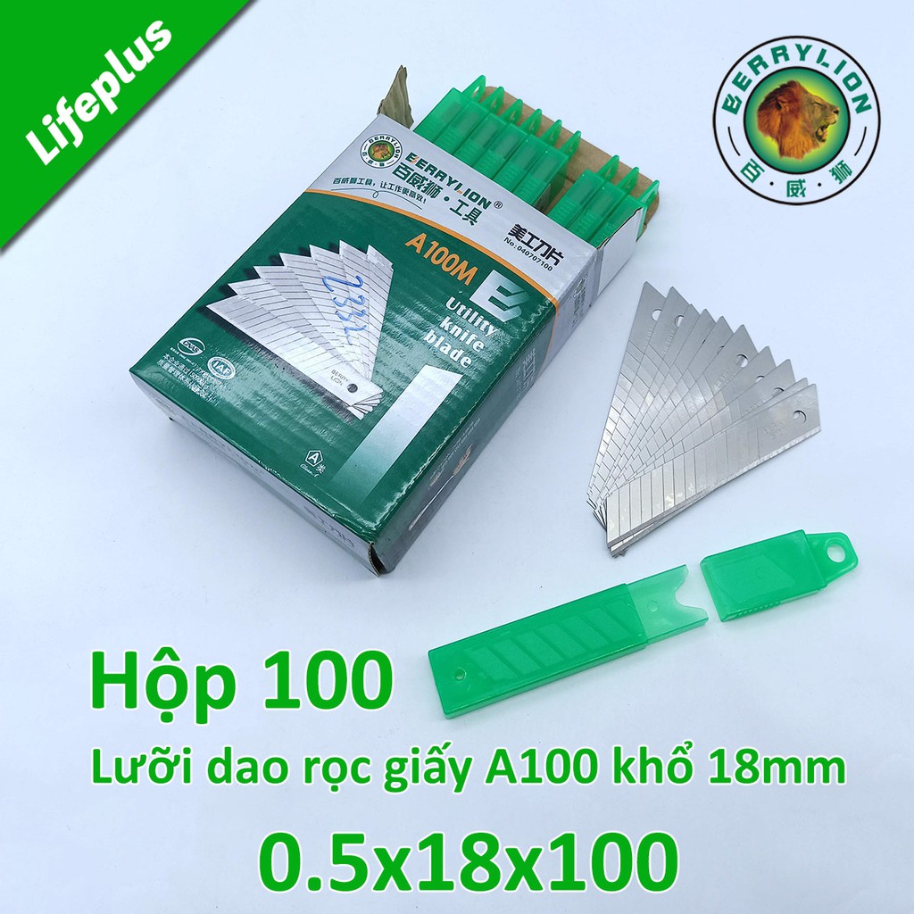 Hộp 100 lưỡi dao rọc giấy Berrylion A100 khổ 18mm ( gồm 10 hộp con )