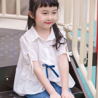 Áo sơ mi bé gái phối nơ bụng Lovekids
