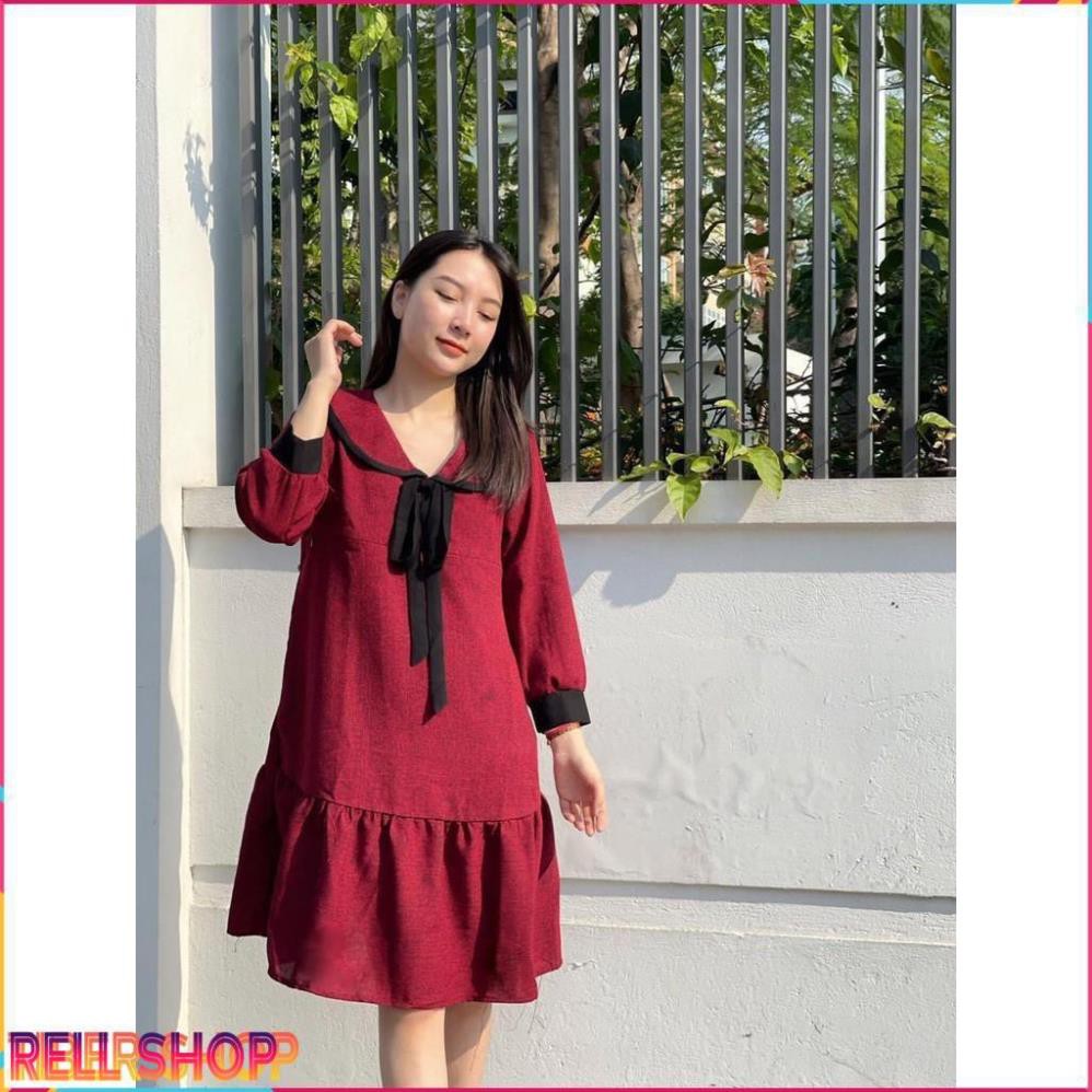 Váy bầu đỏ thắt nơ công sở - Đầm sau sinh dạ lót lụa cho mẹ mặc Tết, ăn cưới sang trọng