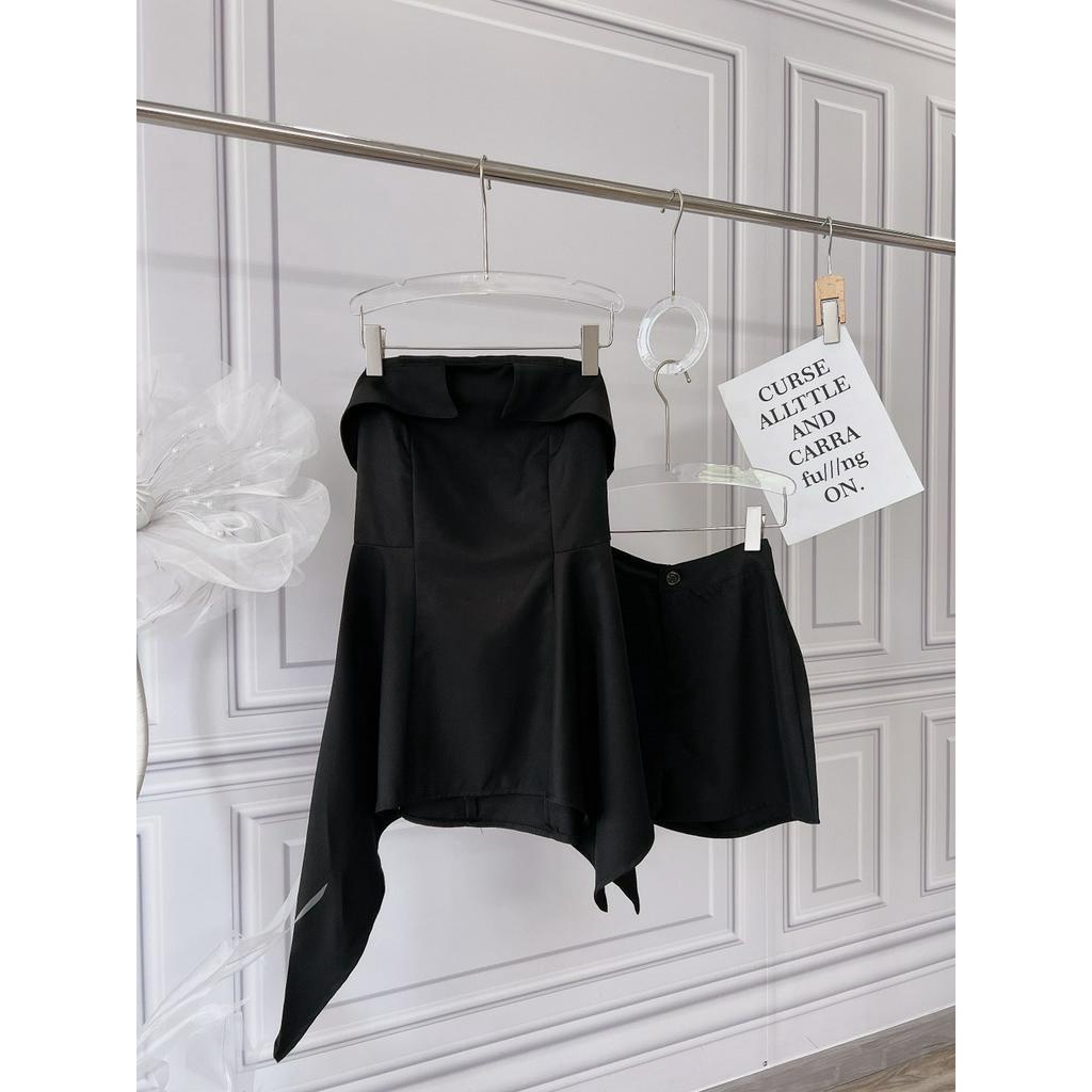 SET ÁO ỐNG LẬT CÚP NGỰC ĐEN TÀ NHỌN + QUẦN SHORT ĐEN (TH)