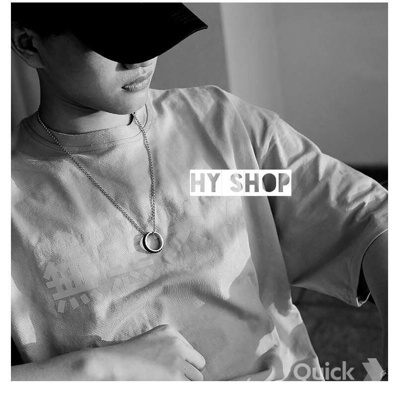 Dây chuyền titan phối nhẫn khảm kim đen cá tính - vòng cổ titan nam nữ siêu bền không gỉ unisex BTS