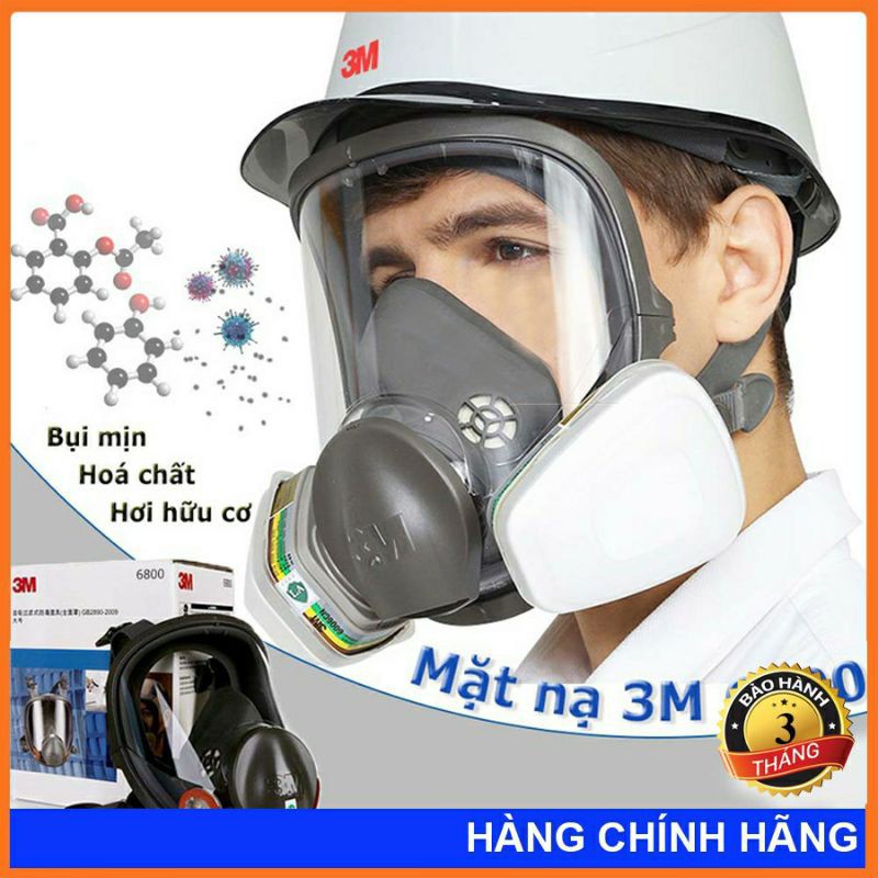 MẶT NẠ PHÒNG ĐỘC 3M 6800 MẶT NẠ CHỐNG ĐỘC, ĐẦY ĐỦ CÁC CHI TIẾT: 1 THÂN CHÍNH + 2 PHIN LỌC 3M6001+ 2 BÔNG LỌC + 2 NẮP GIỮ