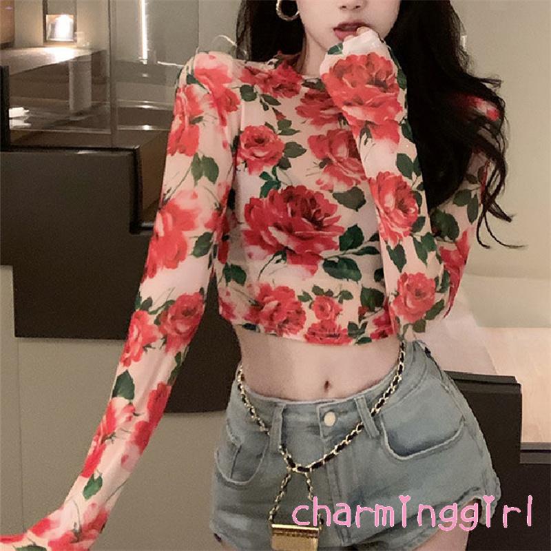 Áo Croptop Tay Dài Cổ Tròn In Họa Tiết Hoa Phong Cách Retro Dành Cho Nữ