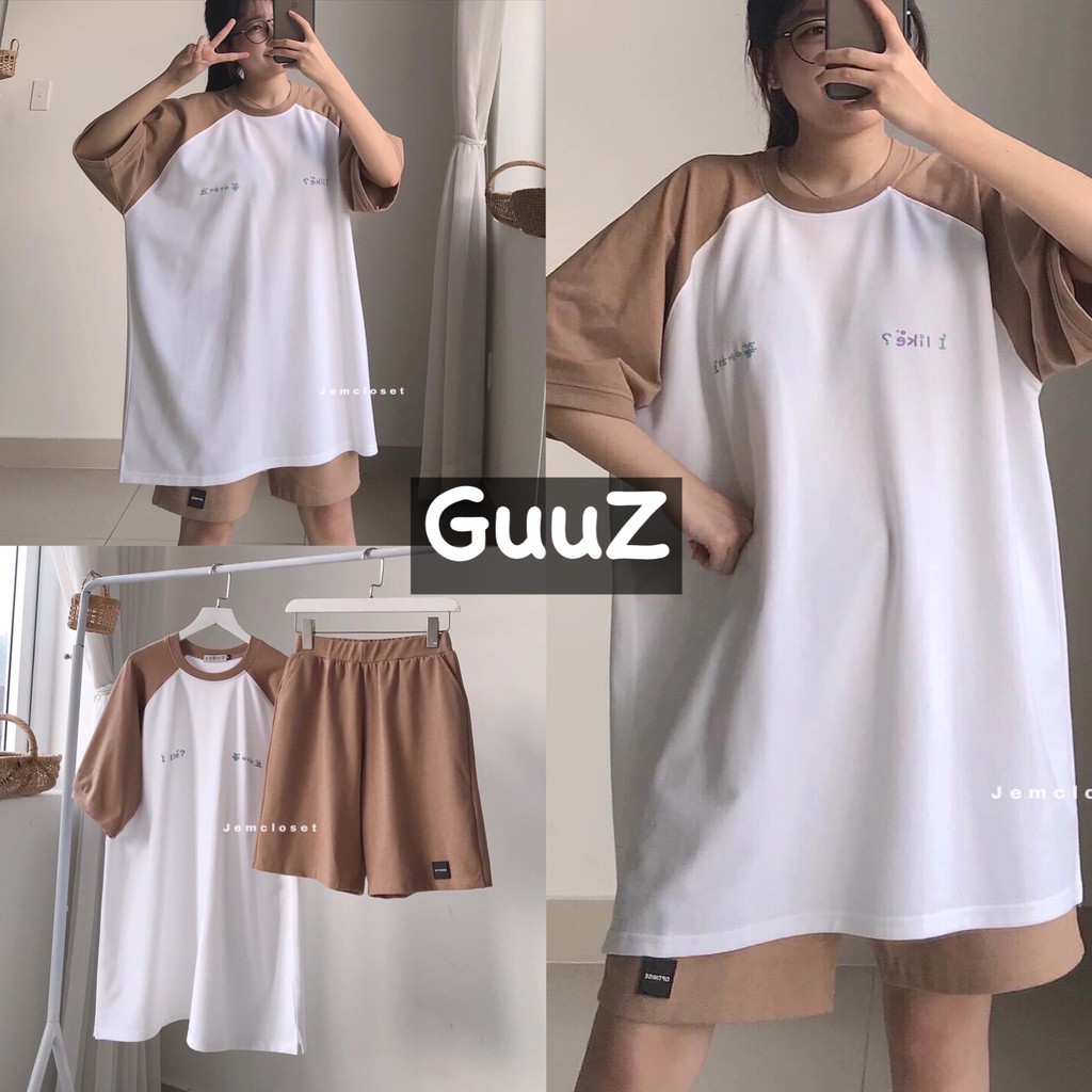 Set đồ nữ vải cotton họa tiết chữ Hàn Quốc kèm áo thun tay lỡ quần short ống rộng lưng thun GuuZ