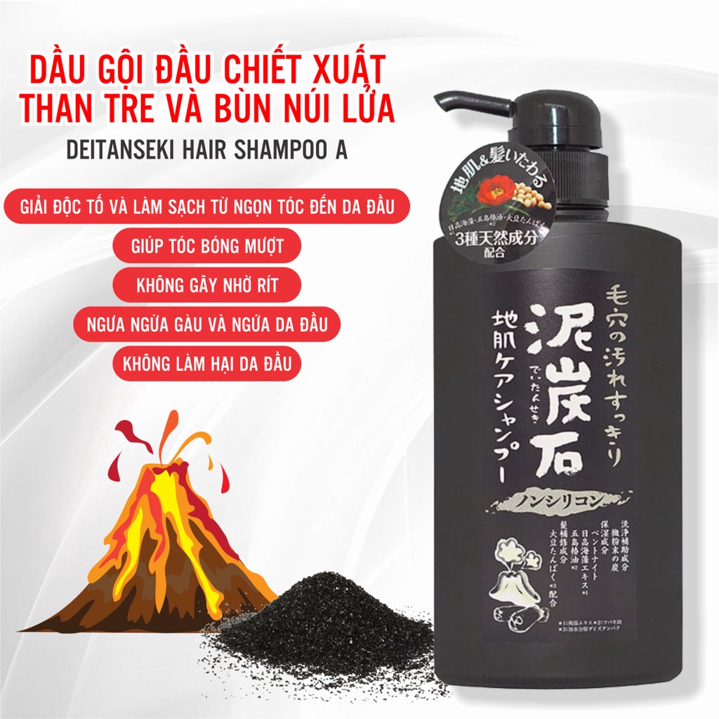 Dầu gội đầu than tre và bùn tro núi lửa Pelican Deitanseki Hair Shampoo A 500ml