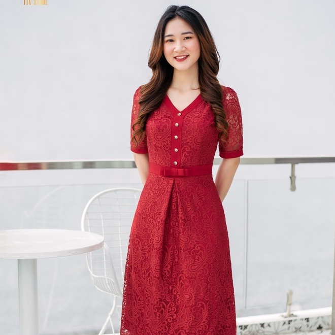Đầm công sở form A dạo phố - Cổ V kết nút - Ren đỏ - TTV809 TTV Store