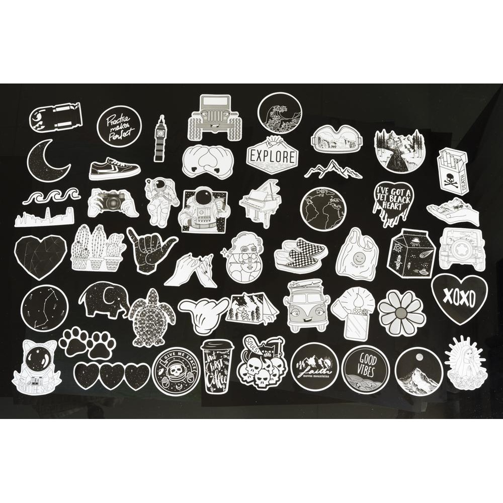 Bộ sticker black white mẫu mới 2020 trang trí mũ bảo hiểm, xe máy, xe đạp, đàn guitar, ukulele, vali, điện thoại, laptop