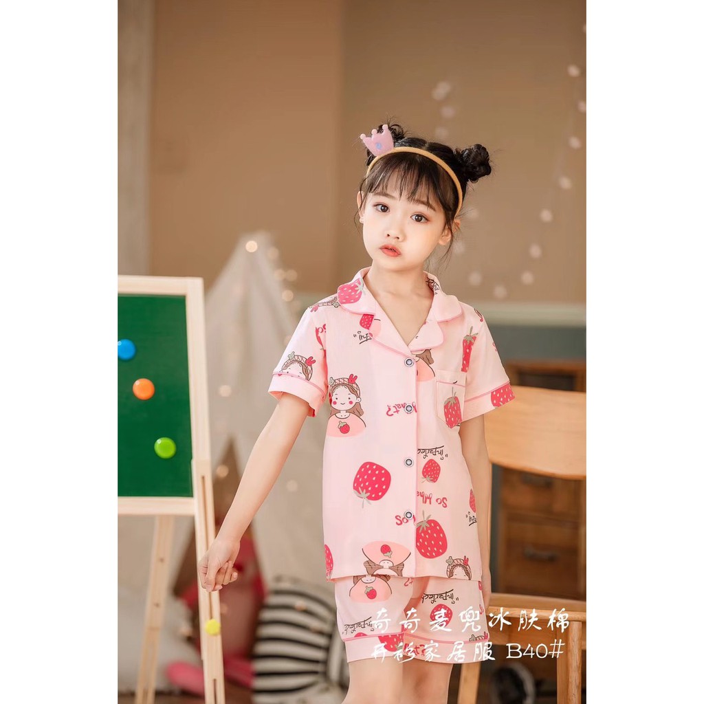 Đồ Pijama bé gái 7-14 tuổi cộc tay in hình xuất Hàn, Bộ Pizama cho bé vải cotton co giãn thấm hút mồ hôi tốt