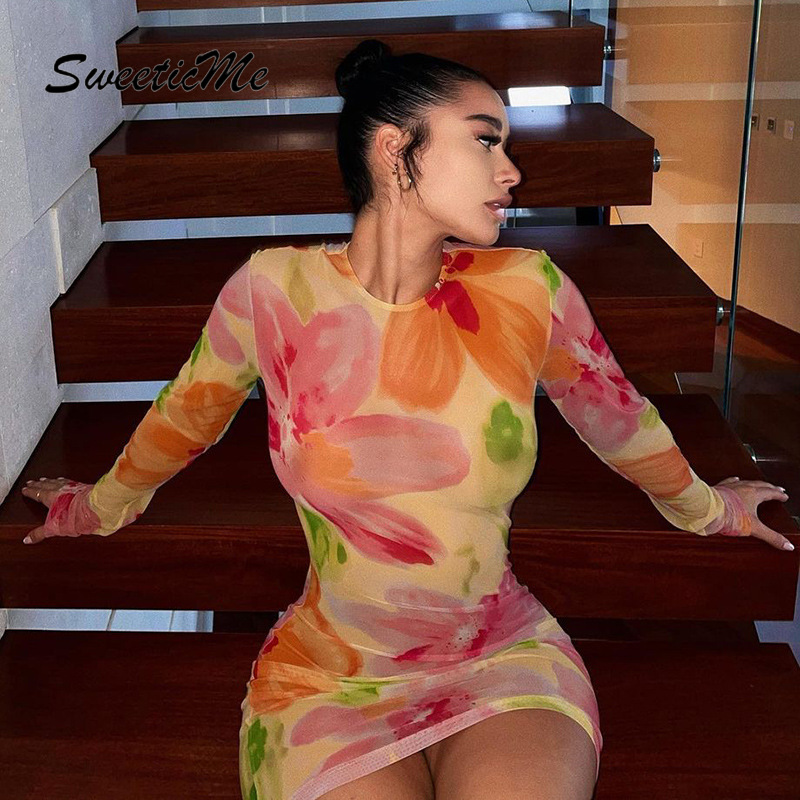 SweeticMe Women's 2021 New Fashion Print Sexy See-through Mesh Round Neck Dress | BigBuy360 - bigbuy360.vn