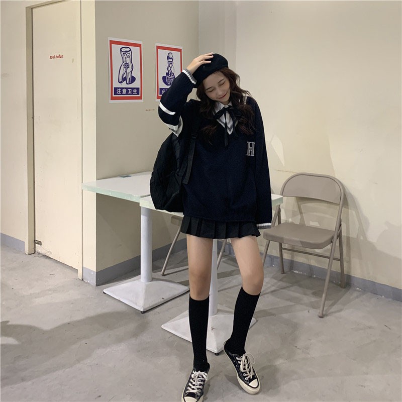 Áo len cổ V viền màu phong cách học sinh Hàn Quốc