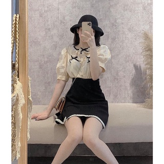 set áo sơ mi phối chân váy ren bèo
